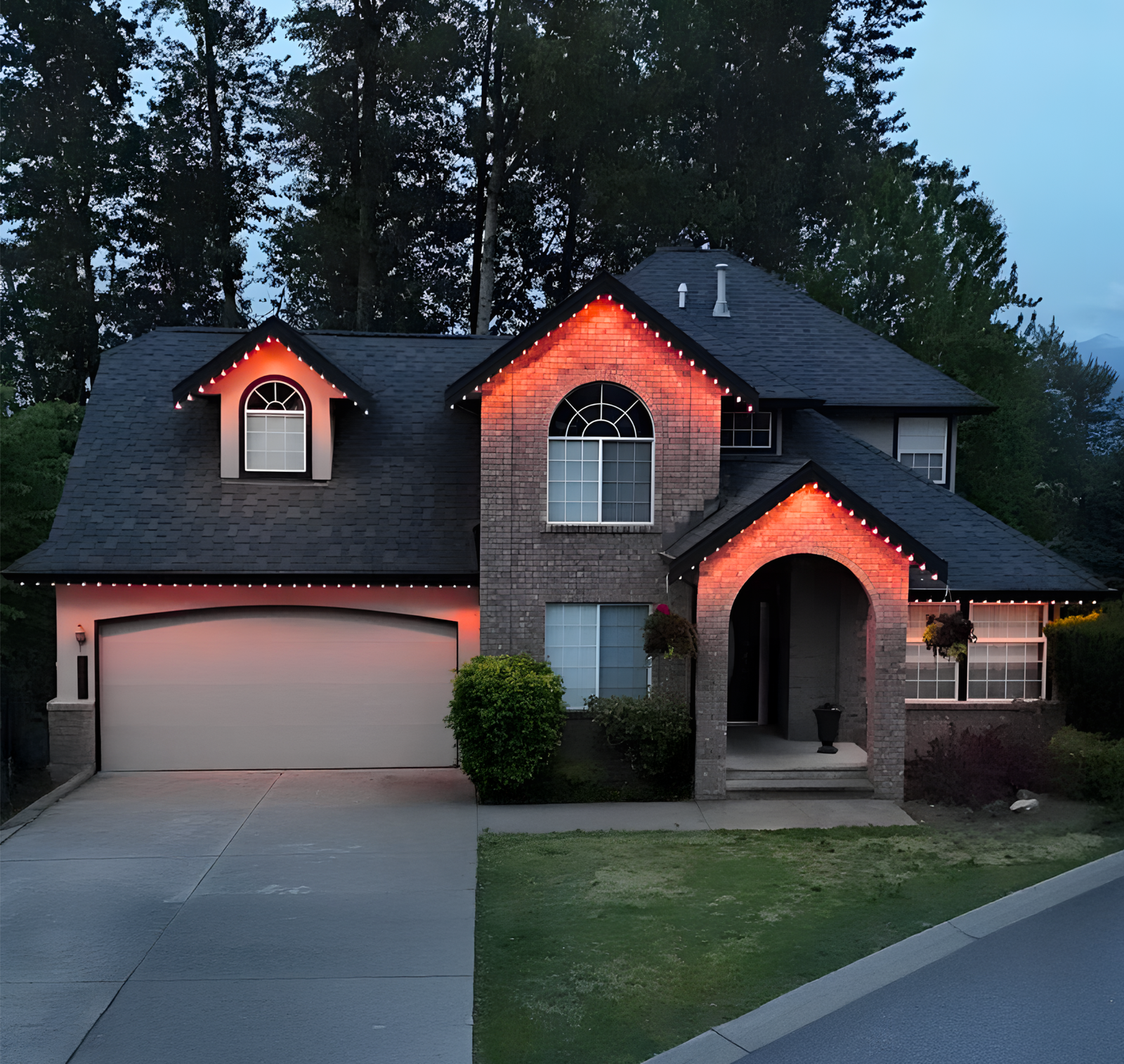 Edmonton home with red permanent exterior lighting