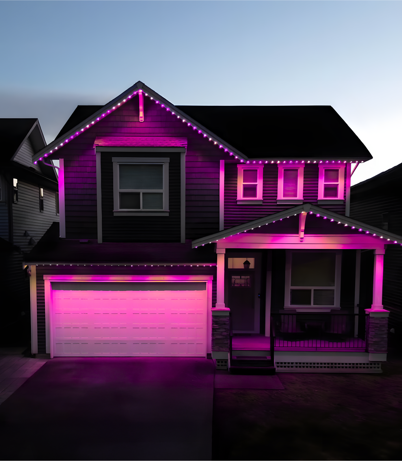 Edmonton home illuminated with vibrant pink permanent lighting